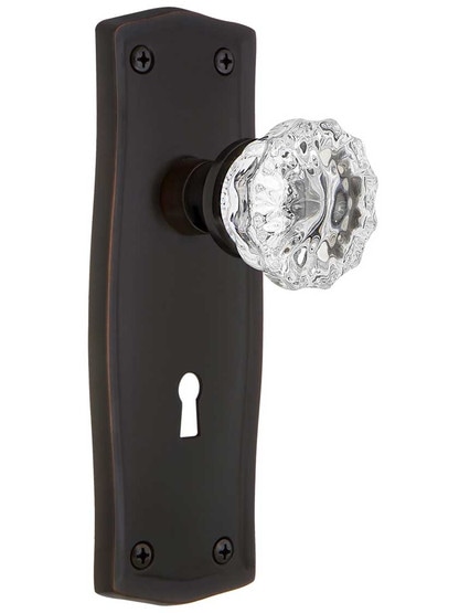 Prairie Design Mortise Lock Set With Fluted Crystal Door Knobs in Timeless Bronze.